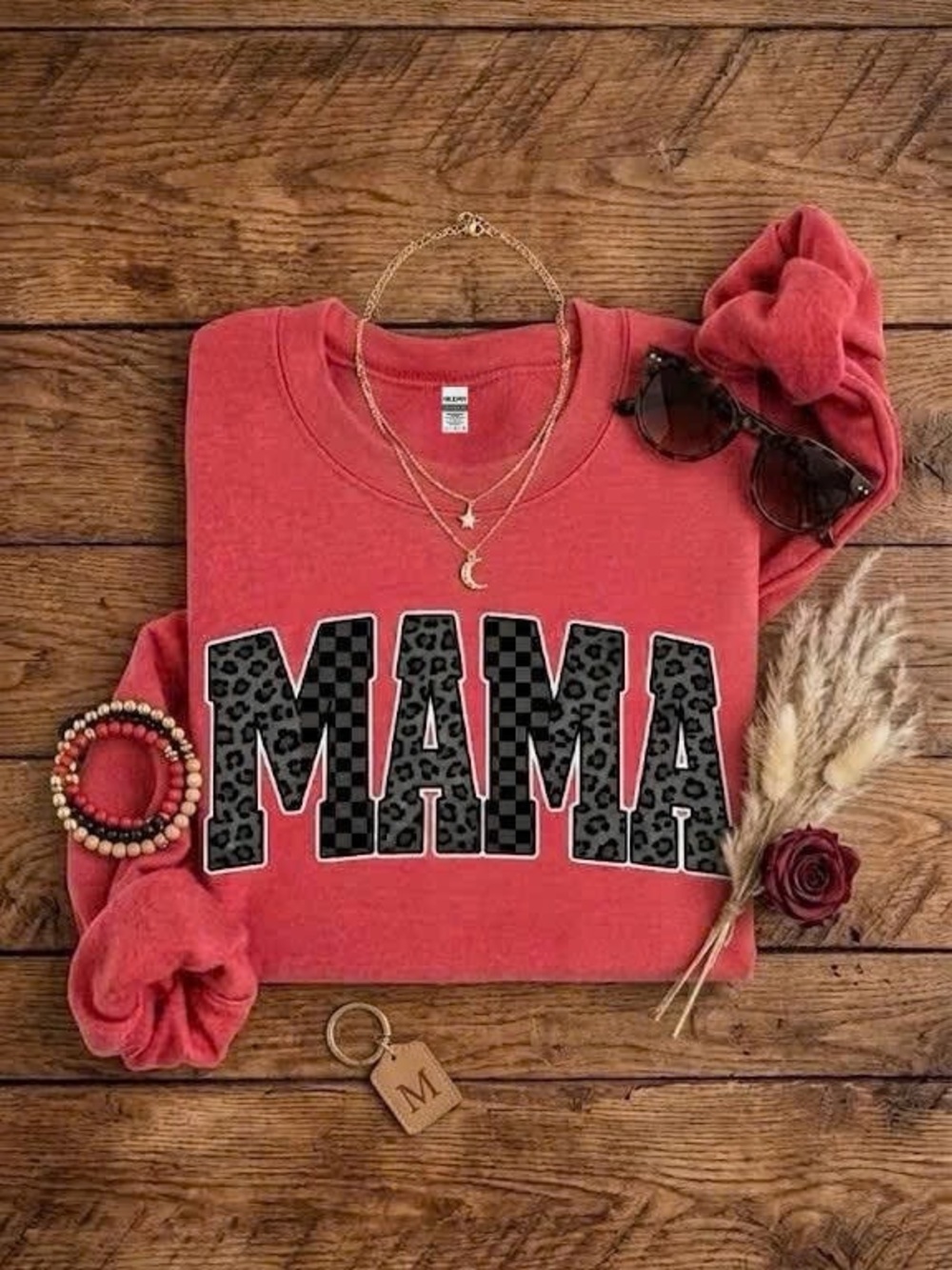 Cute Mama Graphic Crewneck Sweatshirt Pink Cheetah Print Varsity